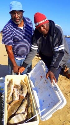 Fellow Navy Vets Stering Jackson and George Harrison loaded their box with trout, reds, drum, flounder, and sheepshead while fishing live and dead shrimp