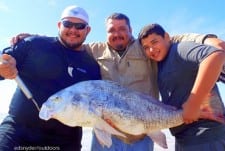 Fishin pals Matthew and Carlo Martinez along with Tolando Reyes of Houston teamed up to catch and release this HUGE Bull Drum