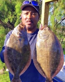 Flounder pounder Karl Dever took these two flatfish while fishing gulp
