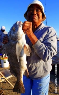 Lou Davis of Houston took her largest ever drum while fishing with shrimp