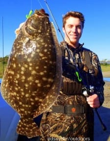 Spring TX wade-angler Connor Mauzey waded Rollover Bay with berkely gulp to fetch this nice flounder