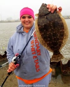 WOW!! My first flounder EVER grinned Stephanie Bertling of Highlands TX, she caught her trophy on a berkely gulp