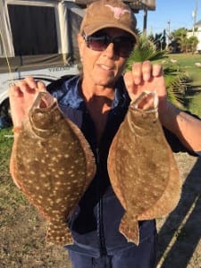 Lady angler Vicki Yates caught her nice flounder limit on berkely gulp