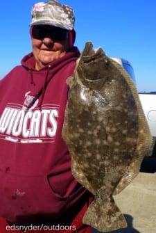 Rollover angler Poochie Walker of League City TX caught this nice 20inch flatfish on a berkely gulp