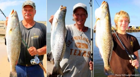 George Bryan with a Big Speck he took while wade fishing the surf; Lady angler with her impressive Rollover Pass trout; A young angler with his 8 pound Gator Trout