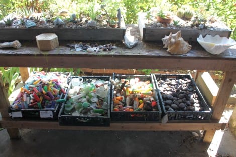 Trays full of disposable lighters, sea glass, fishing tackle, and sea beans - Margaret's collections of collections.