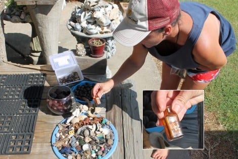 Tracy's treasures, a small glass medicine bottle in a dish full of assorted items, shark teeth and lots of sea beans.