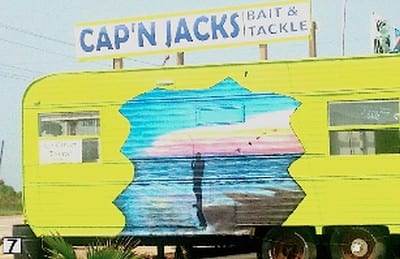 #7 Wonderful delights from artist. Check out artist Bar Scott's fun fisherman scene on Capt'N Jack's trailer on Jane Long Highway at Seagull in Gilchrist.  