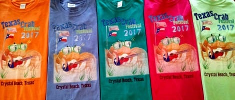Get your awesome new 2017 Crab Fest t-shirt at Latitude 29.2 Surf Shop, Maven's Clothing, and at Gregory Park after the Mardi Gras Parade this Saturday,