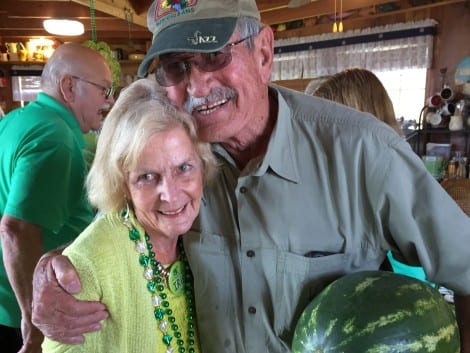 Patty Hagstrom greets former neighbor Jerry Parker  (Note "green" watermelon)